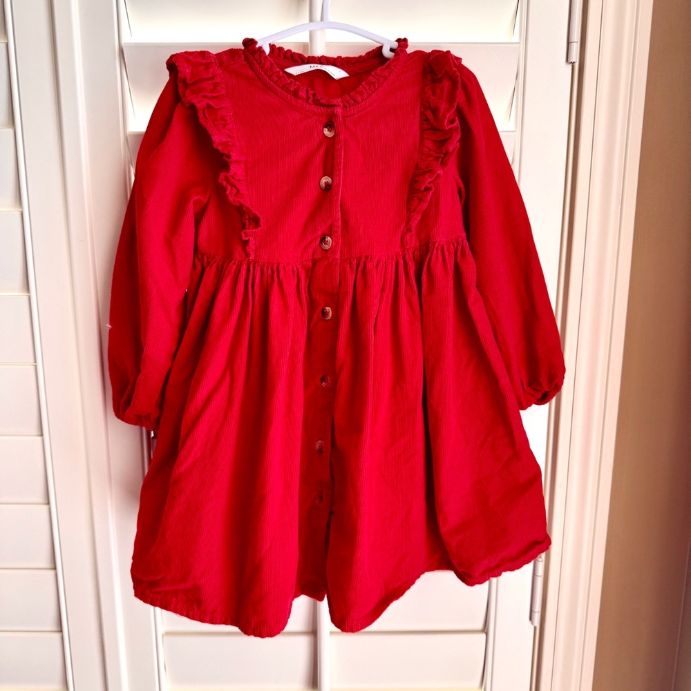 Marks & Spencer Red Corduroy Dress Girls‎ 3T Ruffle Long Sleeve Holiday